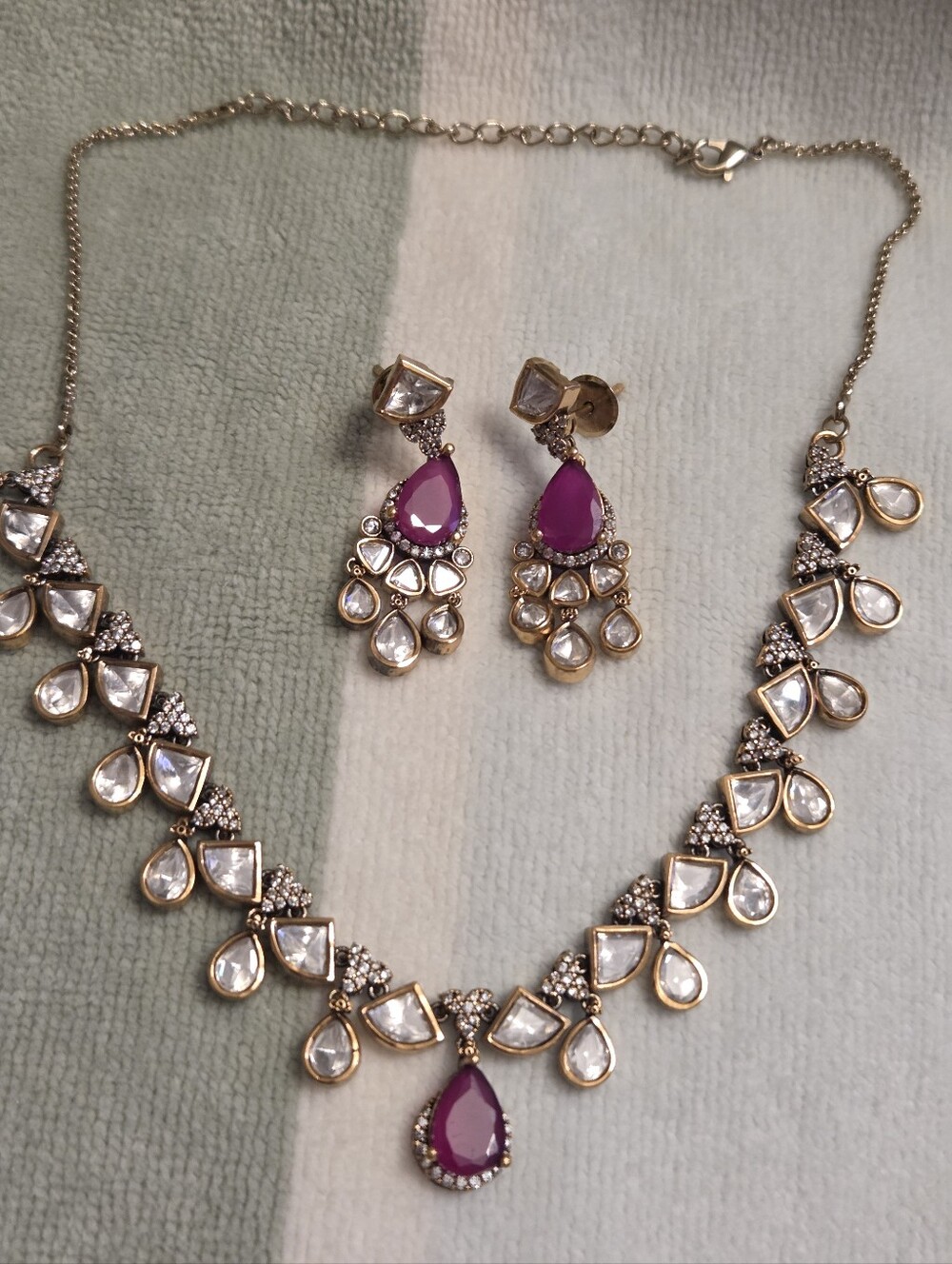Gold-Plated Pink Teardrop Kundan Necklace & Earrings Set